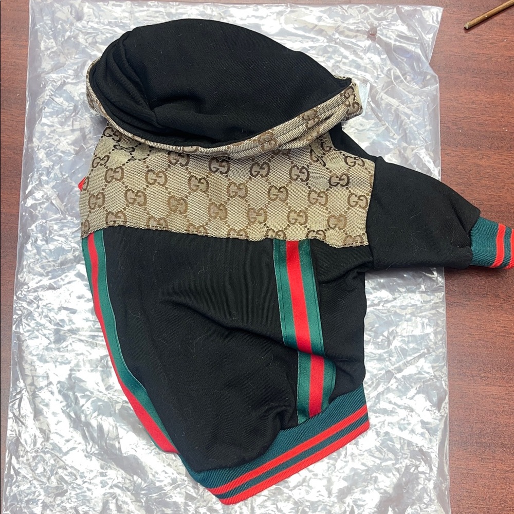 Gucci Black and Tan Pet Hoodie with Red-Green Stripes